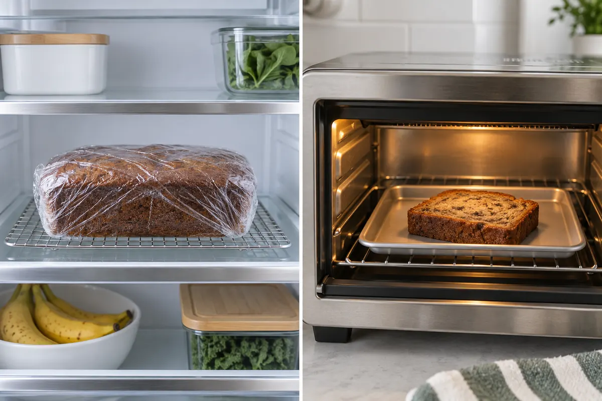 A wrapped banana bread loaf thawing under refrigeration and a slice warming in an oven