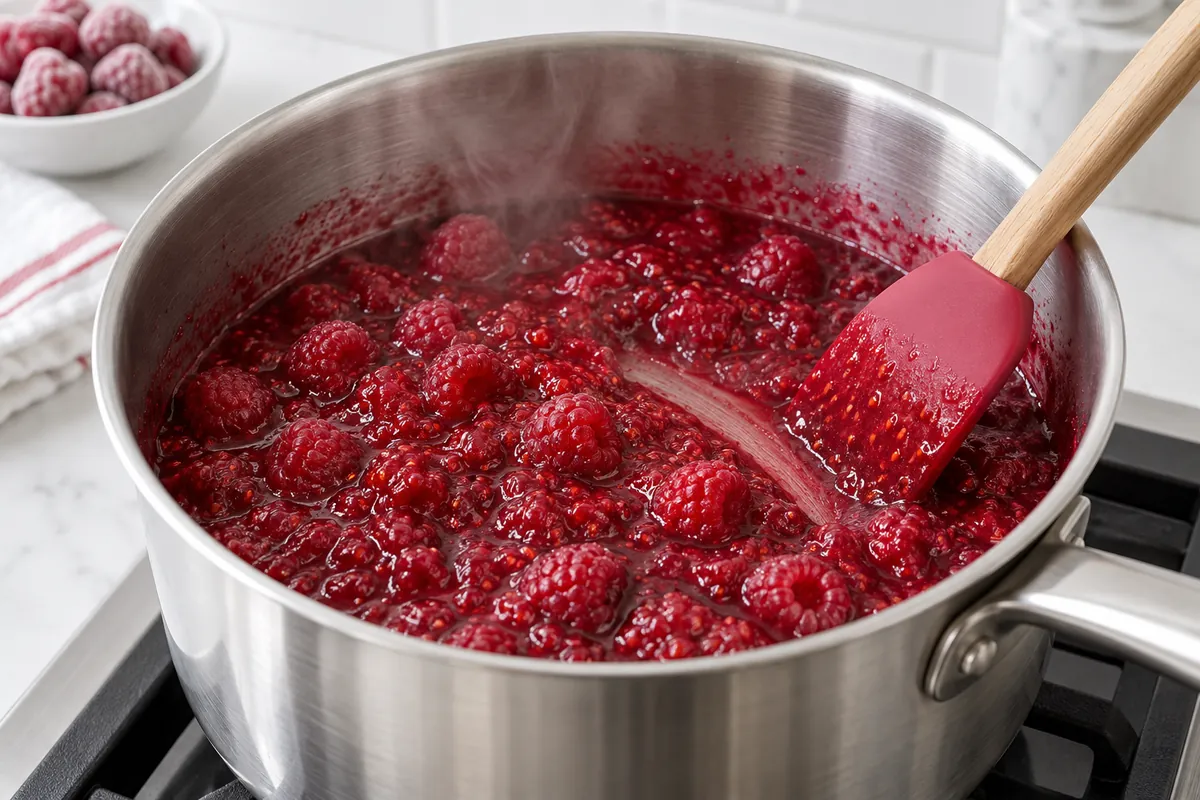 Frozen raspberries cooking into cheesecake topping - process evidence Frozen raspberries cooking into cheesecake topping
