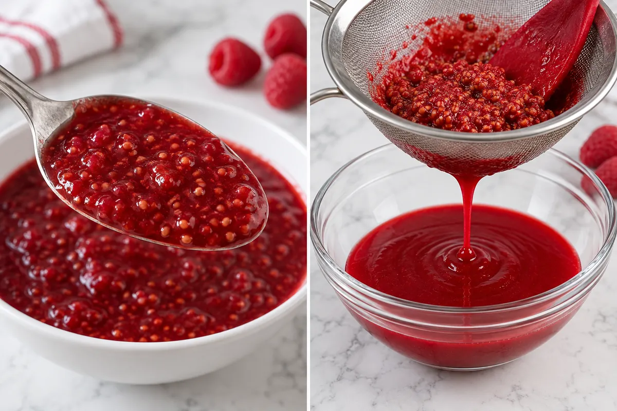 Raspberry topping passing through a fine sieve - process evidence Raspberry topping passing through a fine sieve