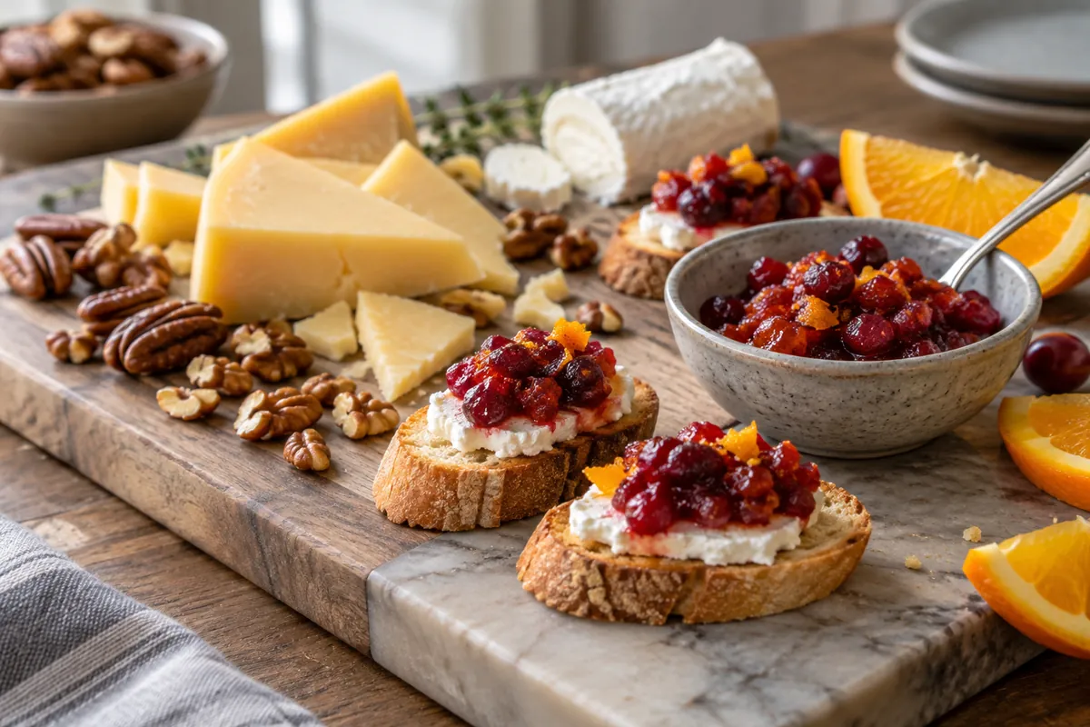 Cranberry relish with cheese crostini and nuts