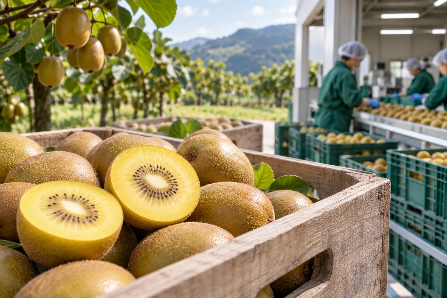 Golden kiwifruit in orchard harvest crates beside a cool-season packing scene, showing ripe yellow flesh and a clear seasonal sourcing mood without calendar text