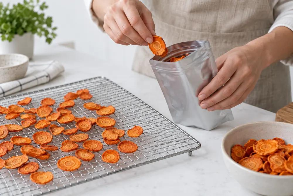 Cooled carrot chips moving from a rack to a plain barrier pouch