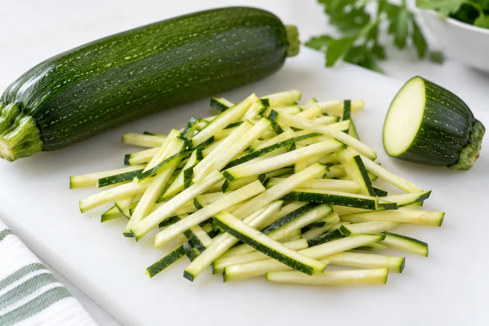 Fresh zucchini matchsticks beside a whole zucchini