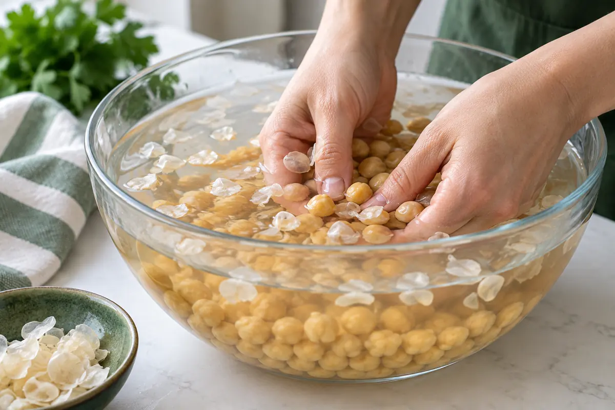 Chickpea skins separating in a bowl of water
