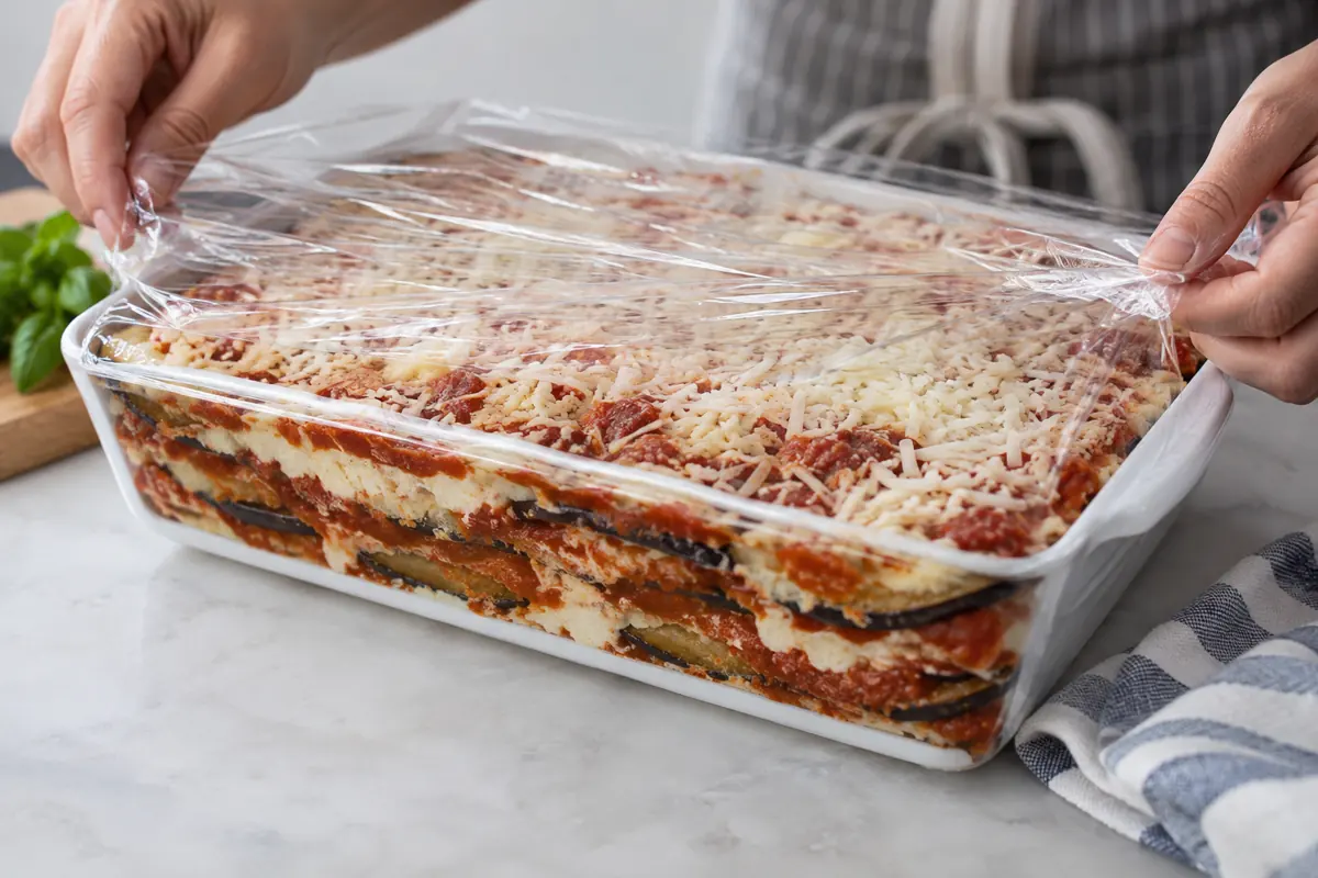 Covered assembled eggplant Parmesan before final baking