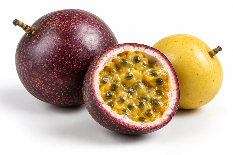 Purple passion fruit cut open beside intact fruit, seeds in yellow-orange pulp clearly visible, no unrelated citrus