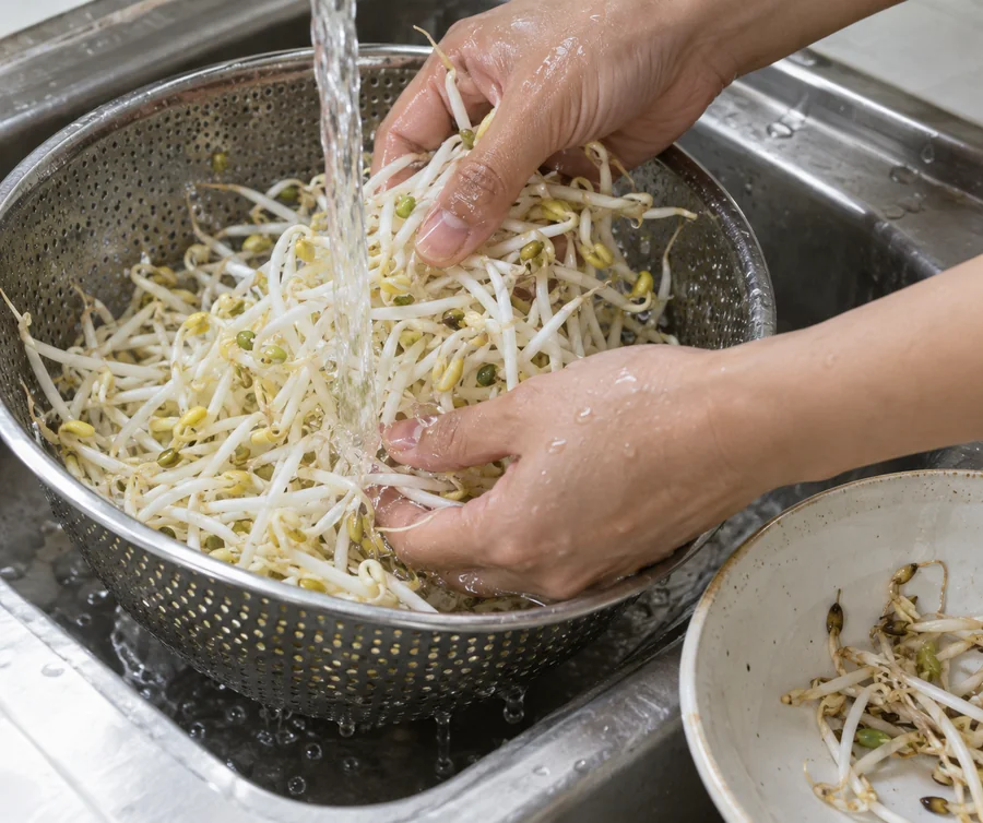 Close separated mung bean sprouts rinsed in a colander, damaged and dark pieces excluded