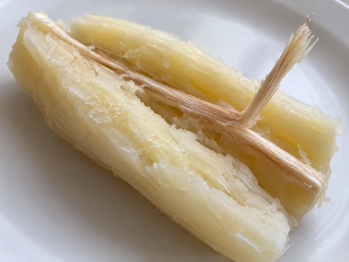 Cooked cassava wedge with woody central fiber separated