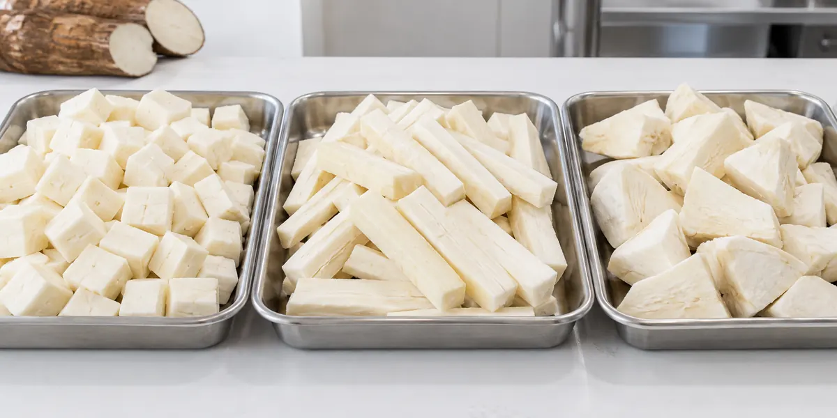 Peeled cassava cubes, sticks and chunks in separate trays