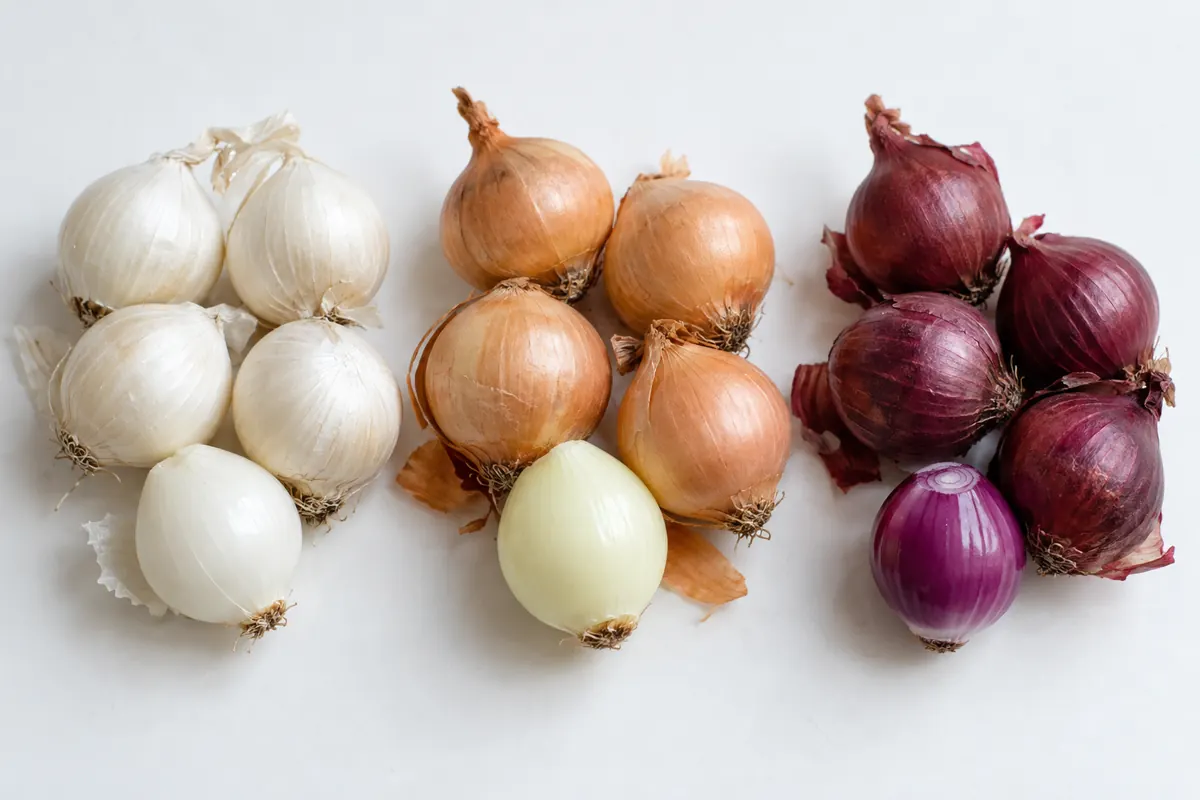 Small whole white, yellow and red onions of comparable size