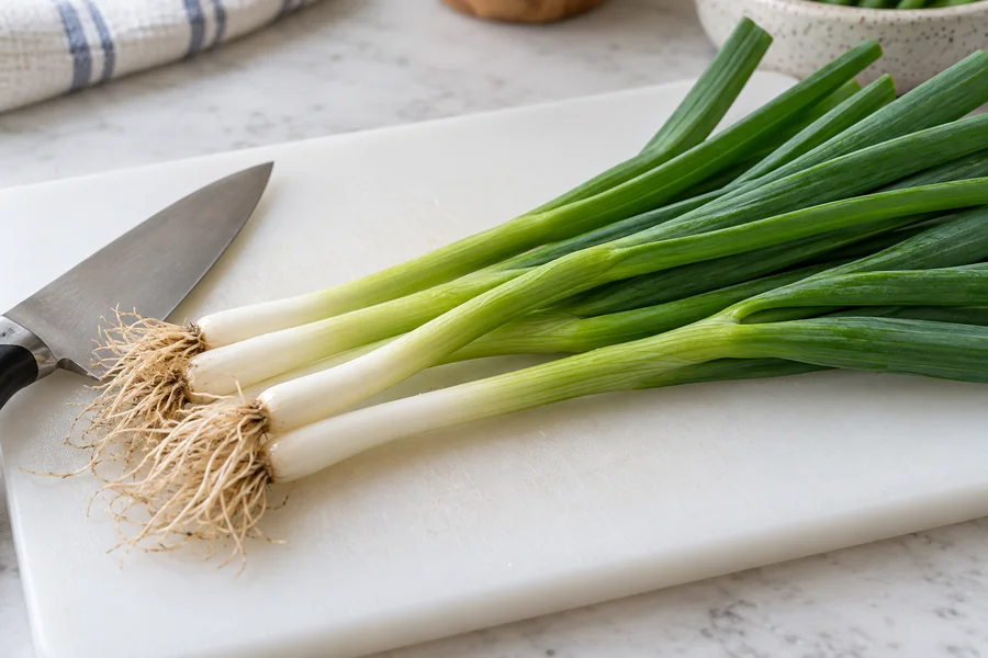 Whole fresh scallions show root ends, edible pale bases and long green leaves