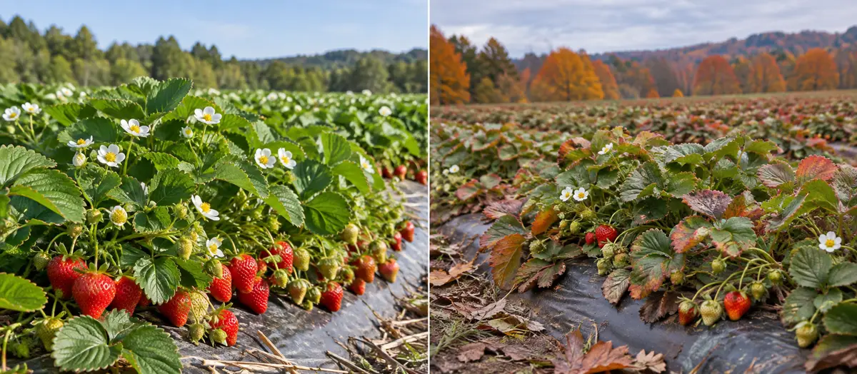 Everbearing strawberry plants with fruit and flowers Everbearing strawberry plants with fruit and flowers.