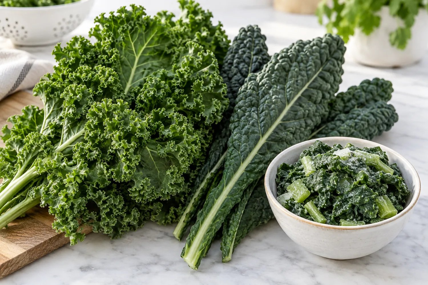 Fresh curly and lacinato kale beside chopped frozen kale