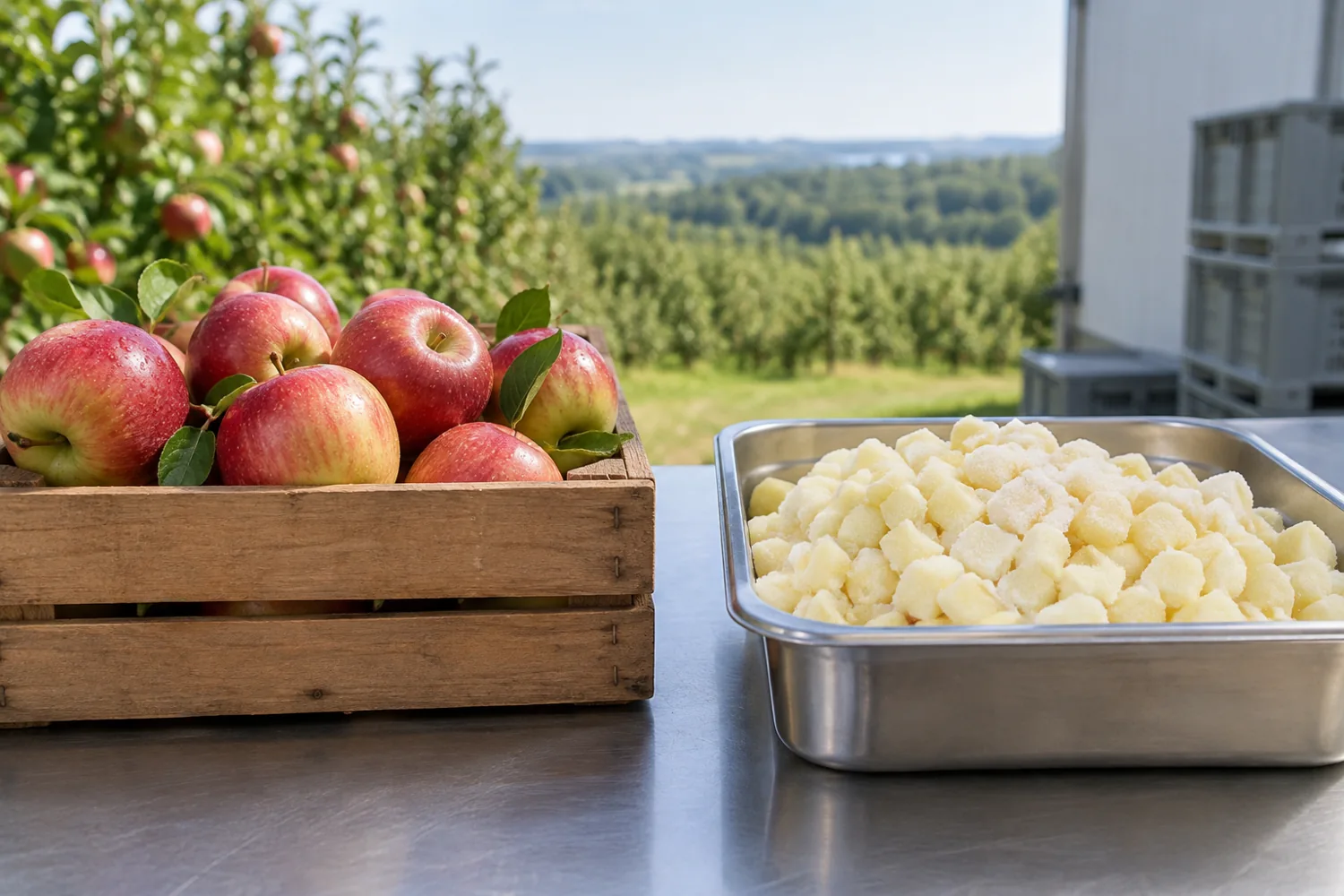 Illustrative freshly harvested apples and already-frozen dice in one editorial frame separate orchard season from ingredient availability.
