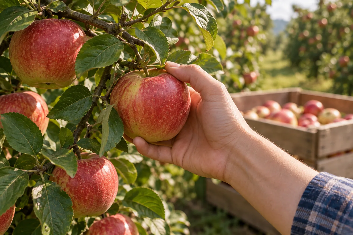 Illustrative distinct orchard close-up of mature apples being picked; geographic season remains illustrative, not a supply claim.
